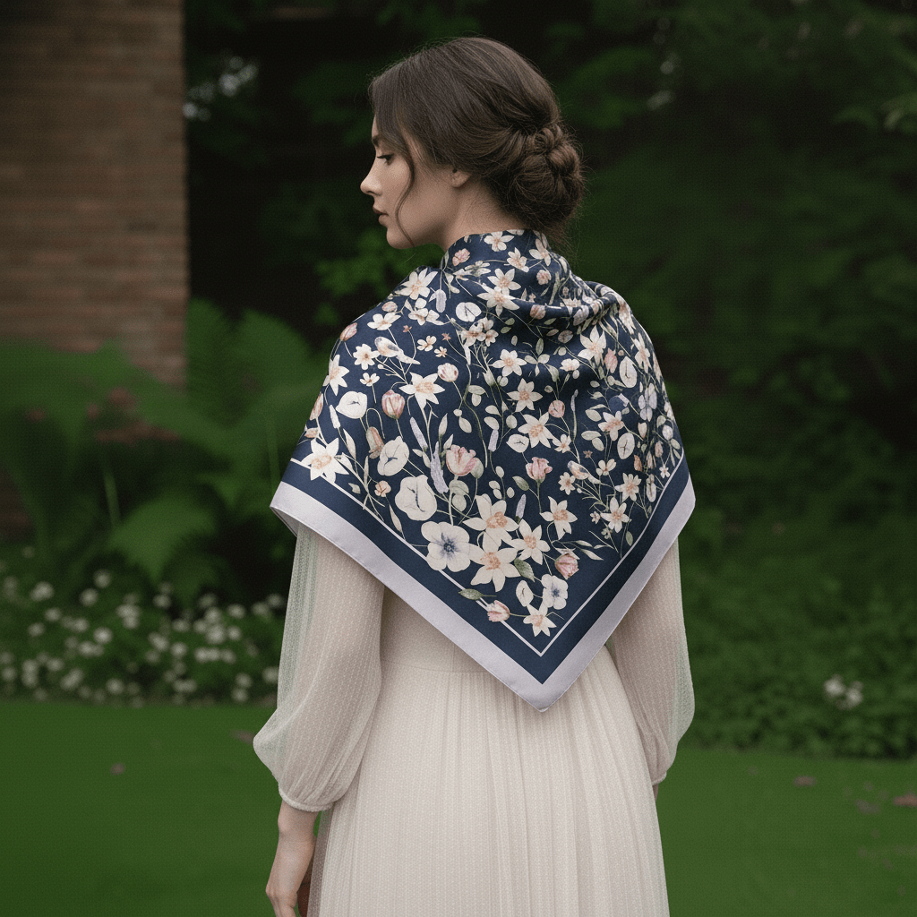 水仙與知更鳥雙面真絲絲巾-深藍綠-L botanical floral scarf by 我的商店, 100% Mulberry Silk wrap