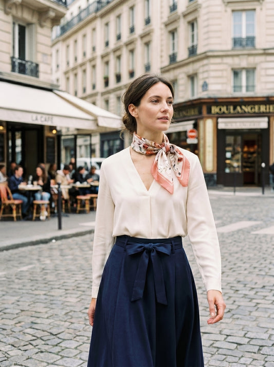 花束與蝴蝶雙面真絲絲巾-珊瑚粉(粉橘) - S