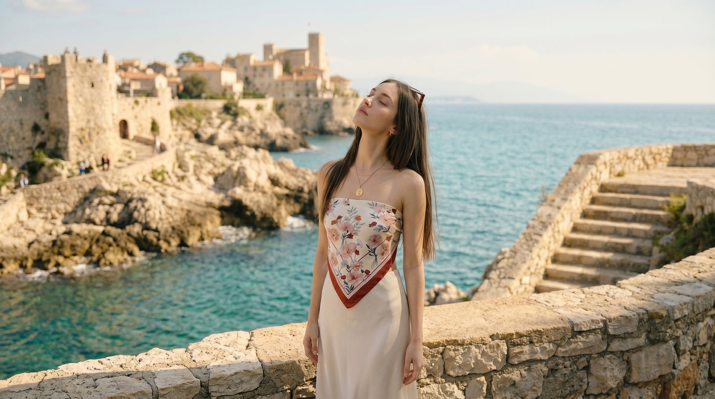 A woman exudes effortless Parisian chic wearing a NINA HO ILLUSTRATION double-sided 100% mulberry silk scarf, adorned with hand-painted Icelandic poppies and delicate chocolate cosmos in warm orange-red and soft blue-purple tones, elevating her elegant ivory dress against a sunlit coastal backdrop.