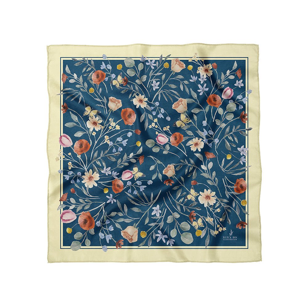 花叢派對雙面真絲絲巾 - 深藍 - NINA HO ILLUSTRATION我的商店