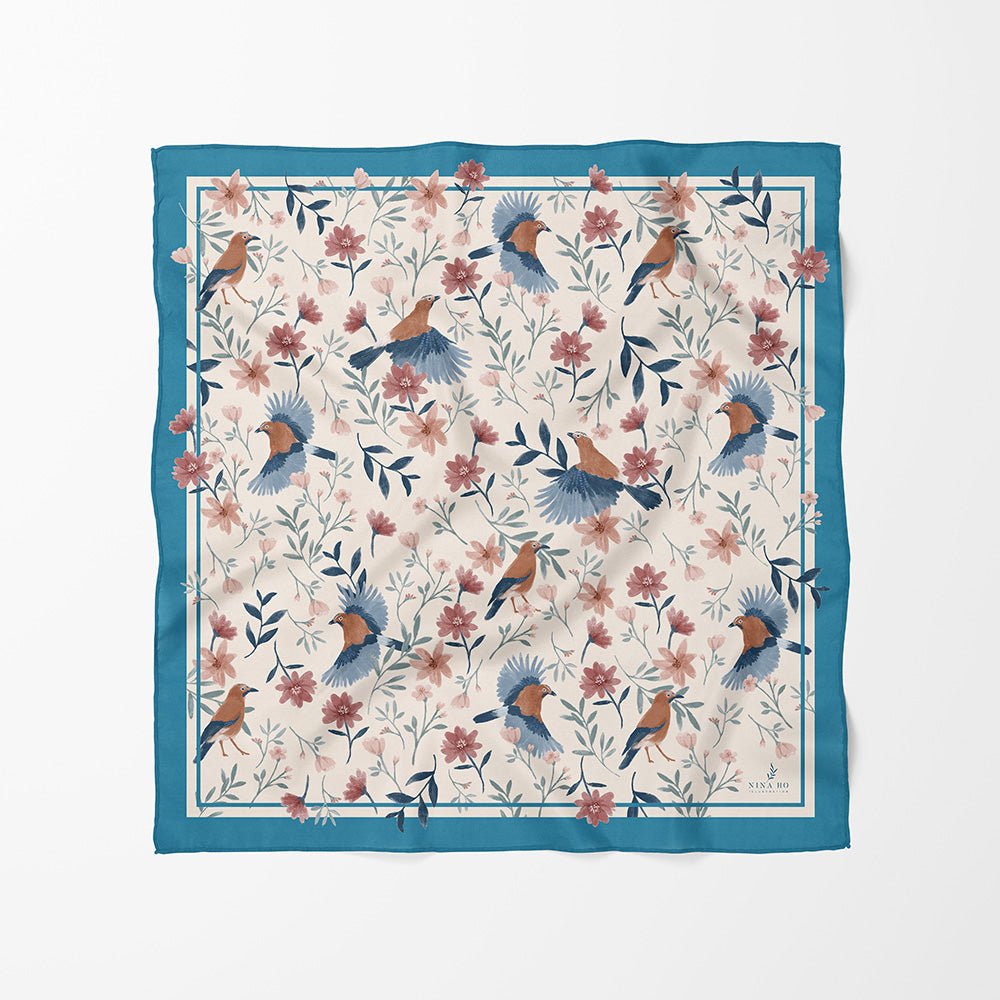 飛鳥與野花雙面真絲絲巾 - 土耳其藍（藍綠） - NINA HO ILLUSTRATION我的商店