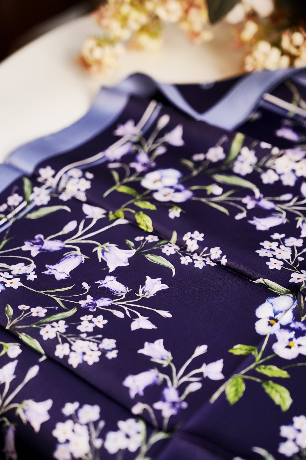 Hand-painted Bellflower, Pansy, and Forget-me-not motifs on 100% mulberry silk with double-sided print by nina ho illustration.