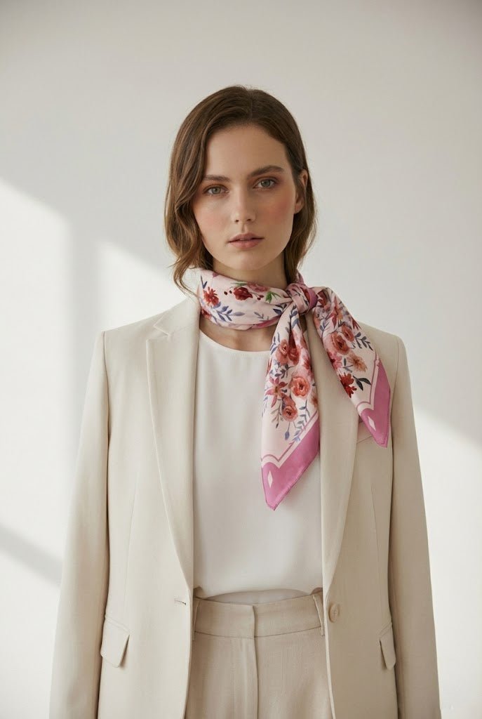 Elegant 100% mulberry silk scarf with hand-painted ranunculus and purple clematis, styled with tailored beige suit by by Nina Ho Illustration.