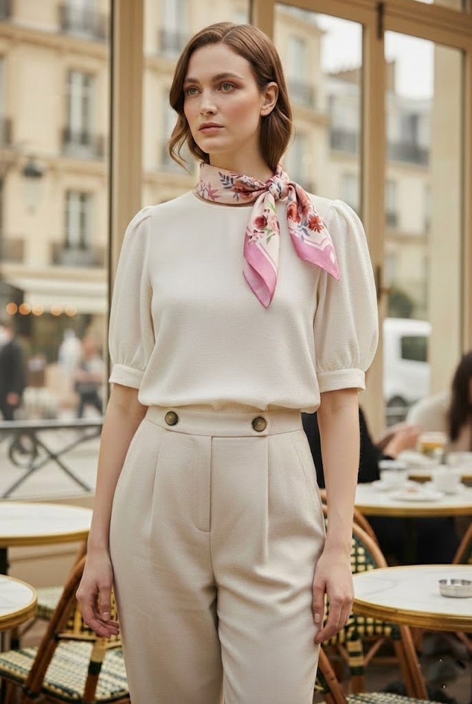 Delicately hand-painted mulberry silk scarf in soft pink with intricate floral motifs, styled with refined cream ensemble.