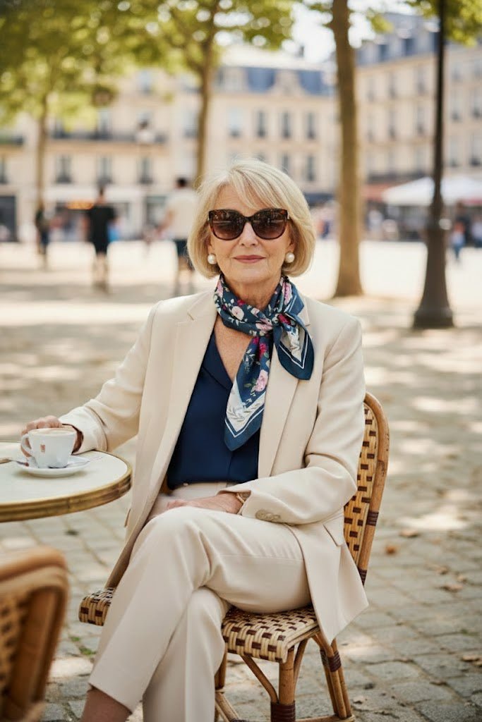 Sophisticated woman in cream suit wears deep blue-green floral silk scarf by Nina Ho Illustration, exuding Parisian chic.