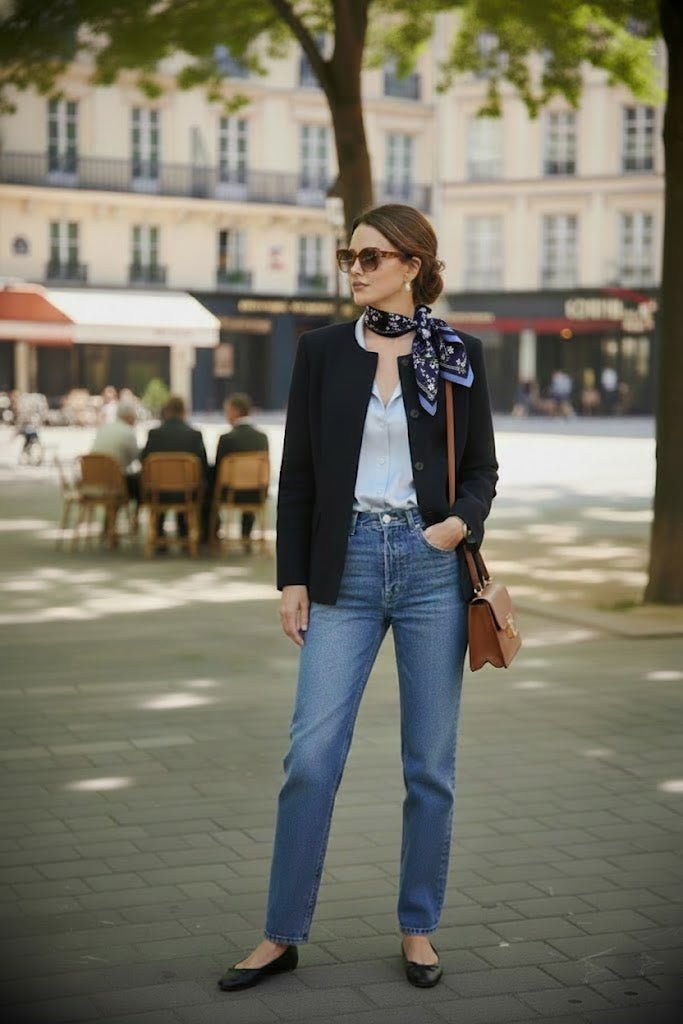 Sophisticated Parisian woman wearing a hand-painted Bellflower silk scarf by Nina Ho Illustration with tailored blazer and denim.