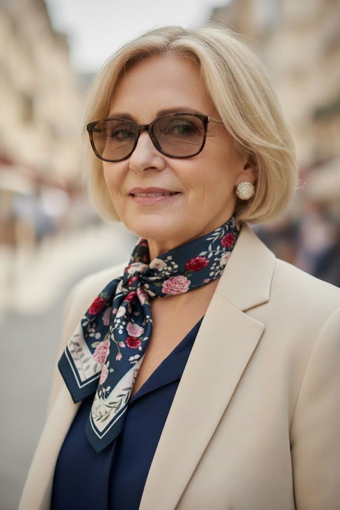 Sophisticated silk scarf in deep blue-green with hand-painted floral bouquet, styled with tailored beige blazer for Parisian chic.