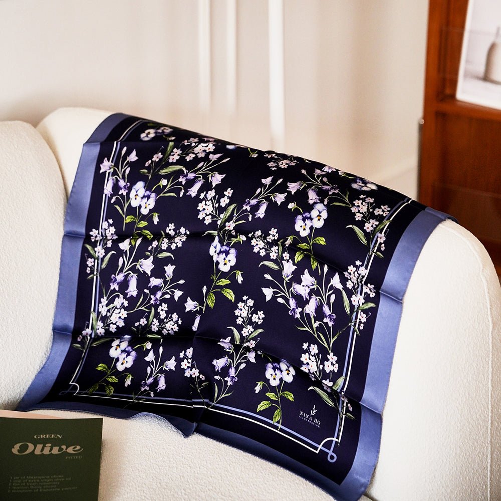 Sophisticated 100% mulberry silk scarf with hand-painted Bellflower, Pansy, and Forget-me-not in elegant Parisian chic by nina ho illustration