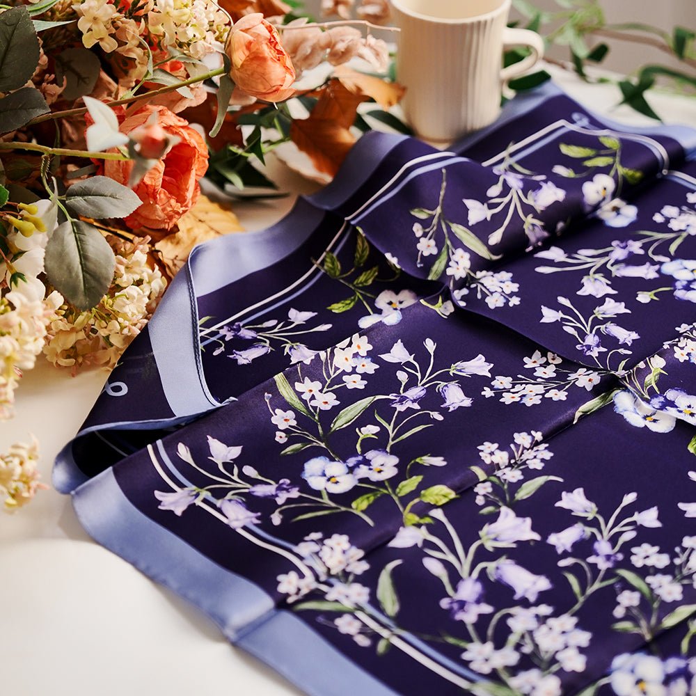 Deliberate silk scarf in violet hues, hand-painted Bellflower and Pansy, an artistic botanical keepsake by nina ho illustration.
