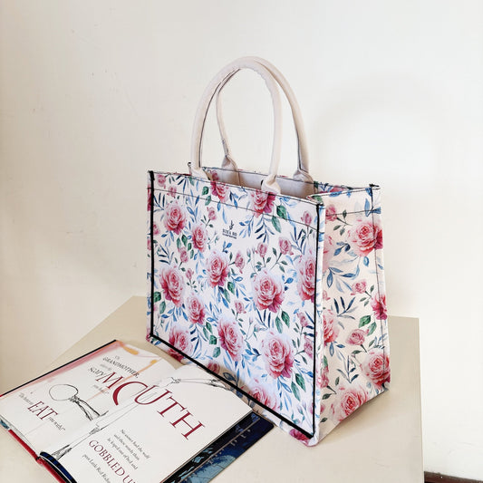 藍葉玫瑰 帆布手提大方包 - 奶油色(米白) - NINA HO ILLUSTRATIONNINA HO ILLUSTRATION