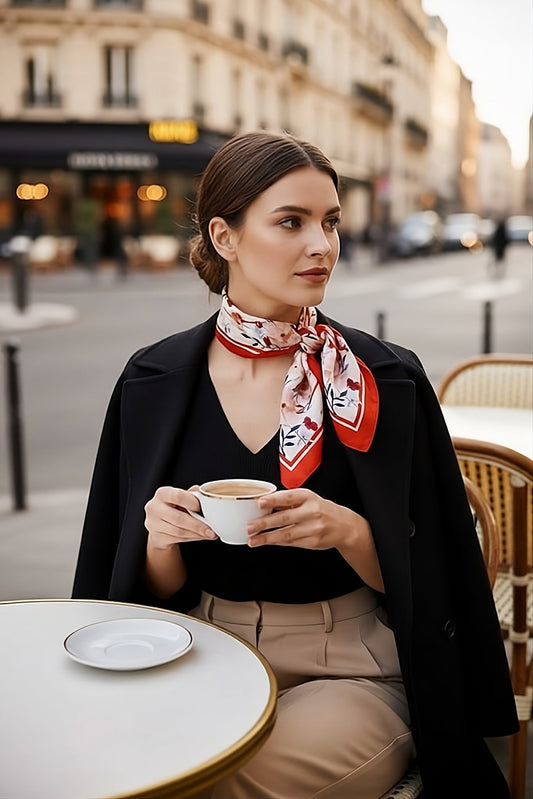 Sophisticated mulberry silk neck scarf with hand-painted iceland poppy floral design, styled with Parisian chic elegance.