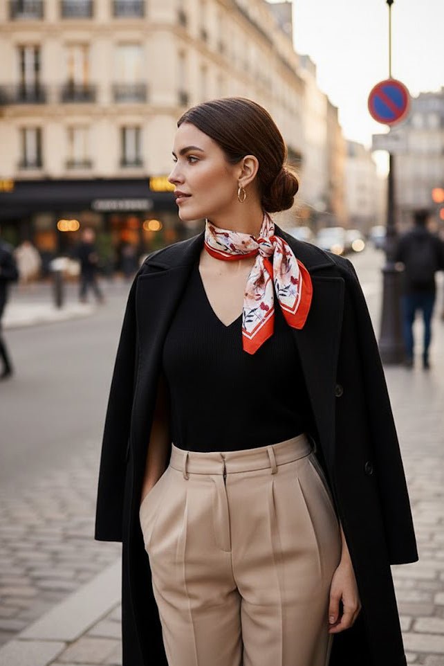Elegant woman in tailored black coat and beige trousers wearing a silk scarf with delicate orange red and poppy print by Nina Ho Illustration