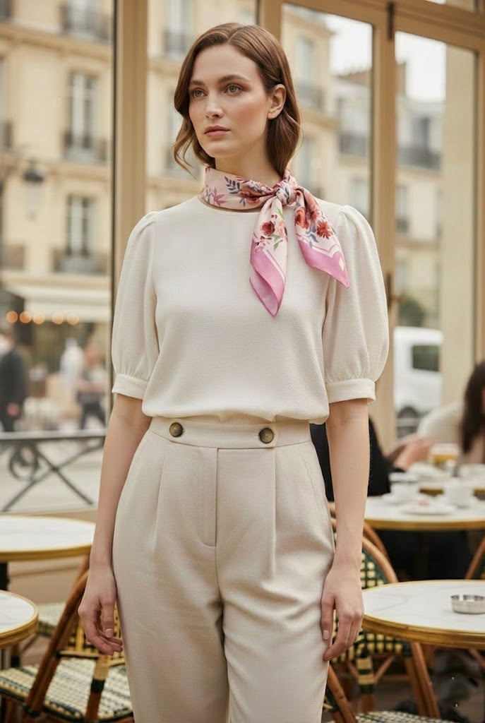 A woman enjoying a quiet moment while wearing a NINA HO Ranunculus floral silk scarf for everyday elegance