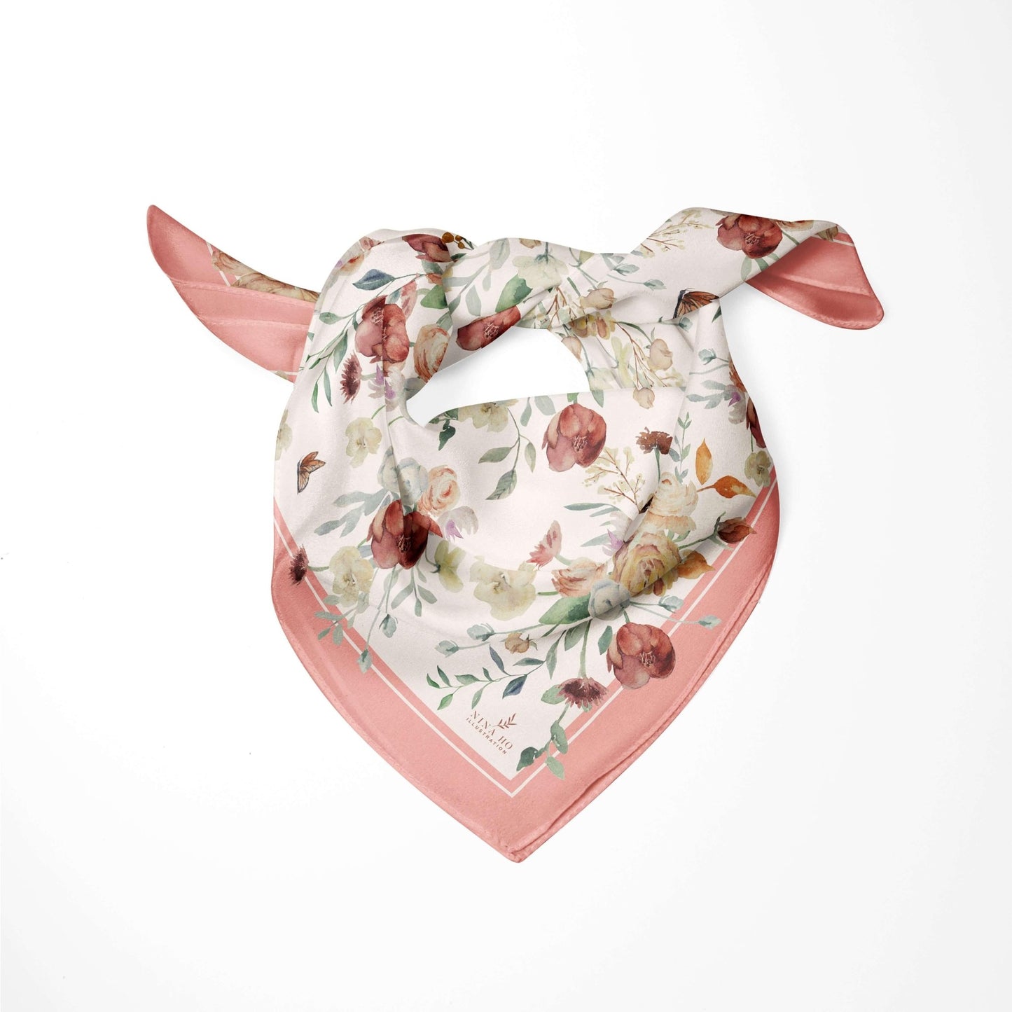 Elegant 100% mulberry silk scarf with hand-painted double-sided print of soft pink rose and delicate foliage by NINA HO ILLUSTRATION.