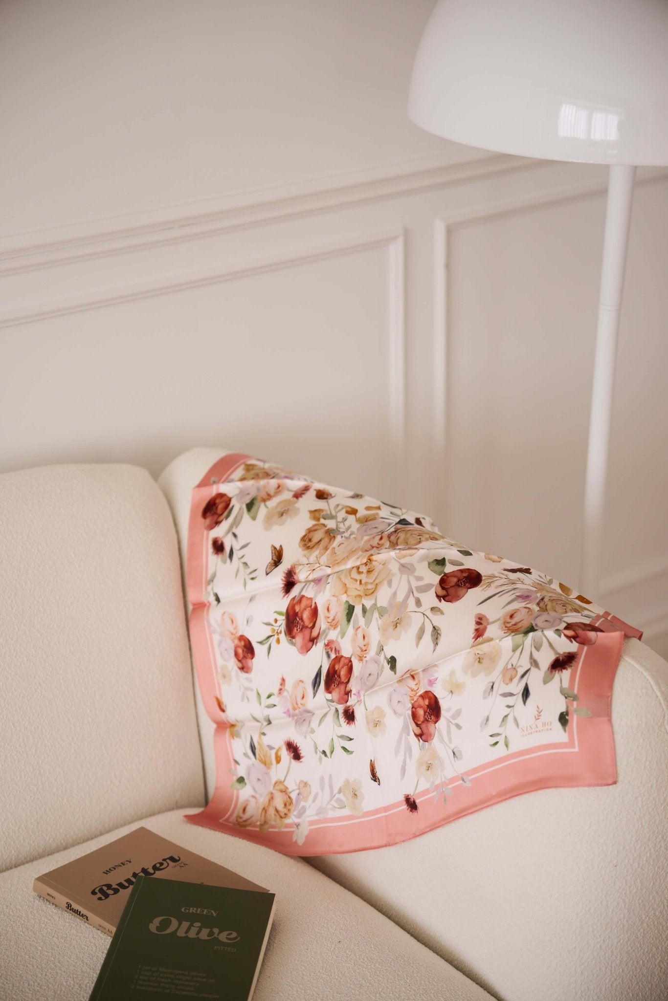 Delicately hand-painted botanical silk scarf with pomegranate and vintage floral motifs, framed by a soft pink border, by NINA HO ILLUSTRATION.