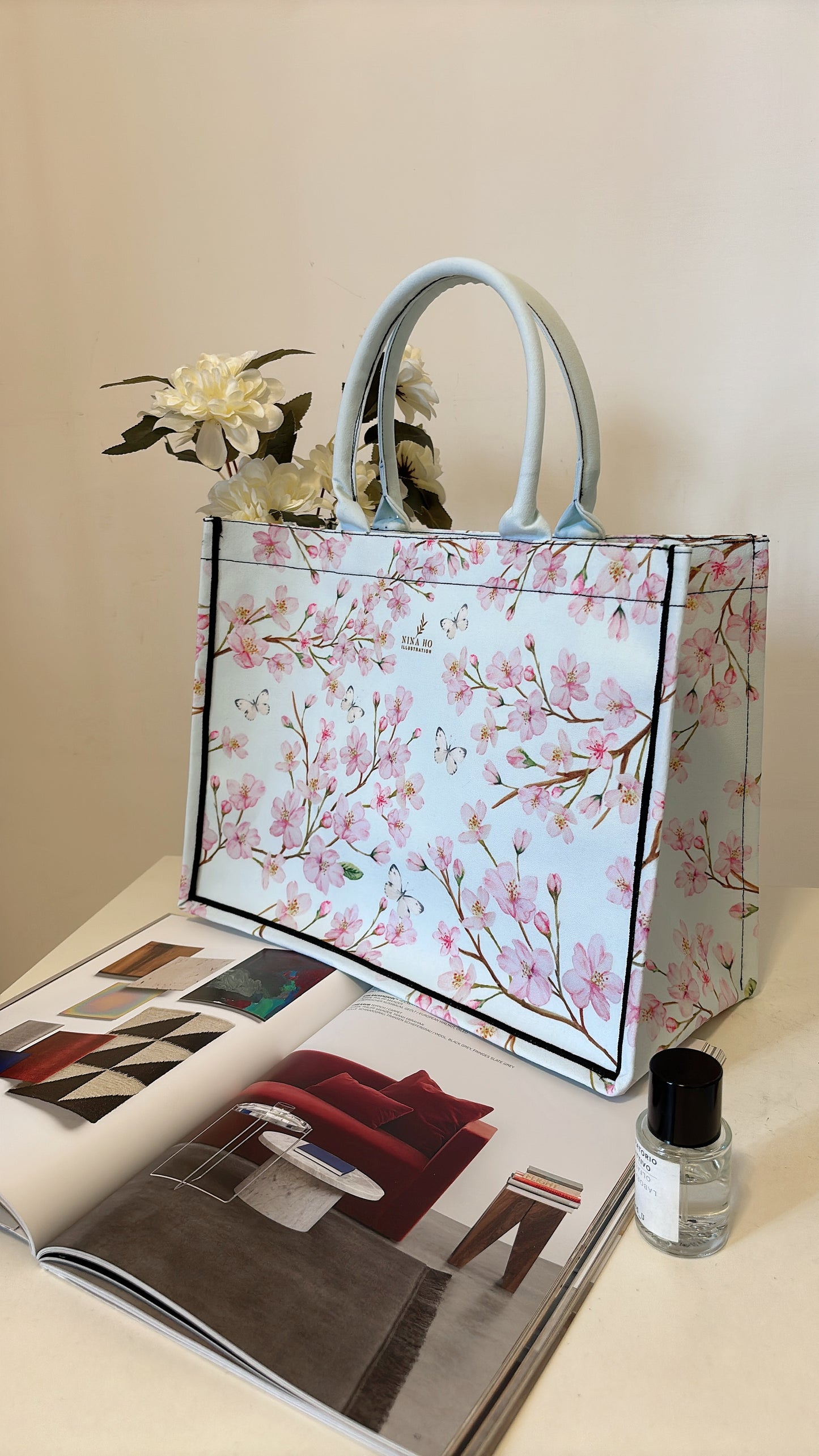 櫻之期盼 帆布手提大方包-淡藍色 (新品)