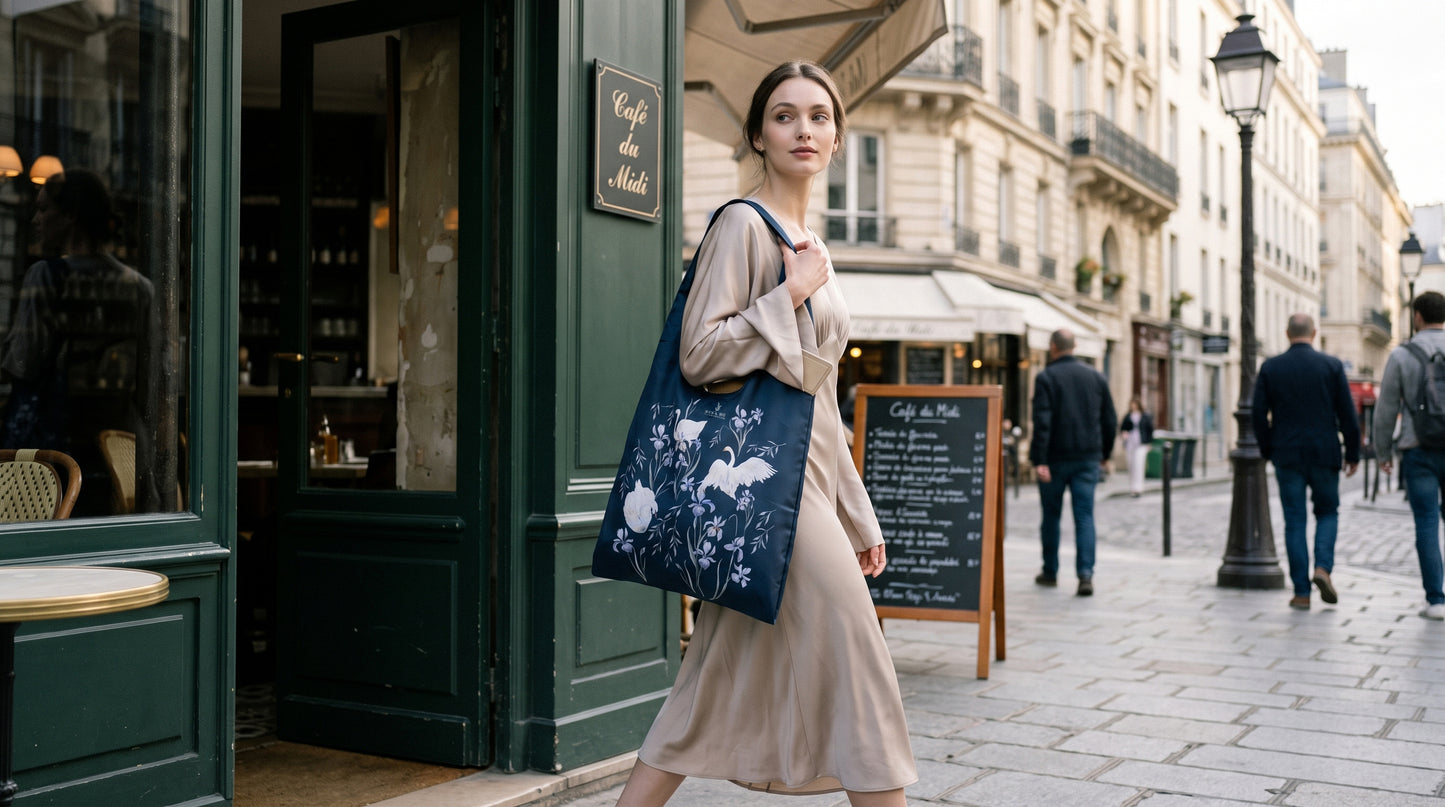 Flower Party Foldable Tote-L-Dark Blue