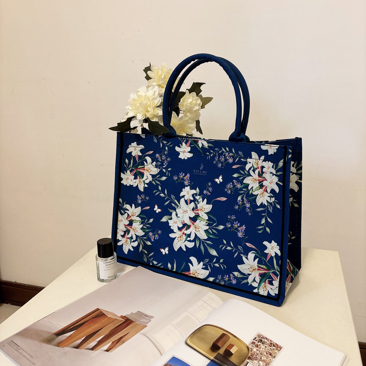 野百合花束 帆布手提大方包-夜空藍(新品）