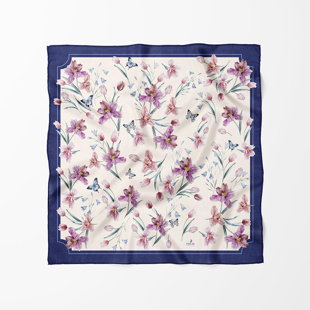 Tulip and Butterfly Double-Sided Silk Scarf-Purple