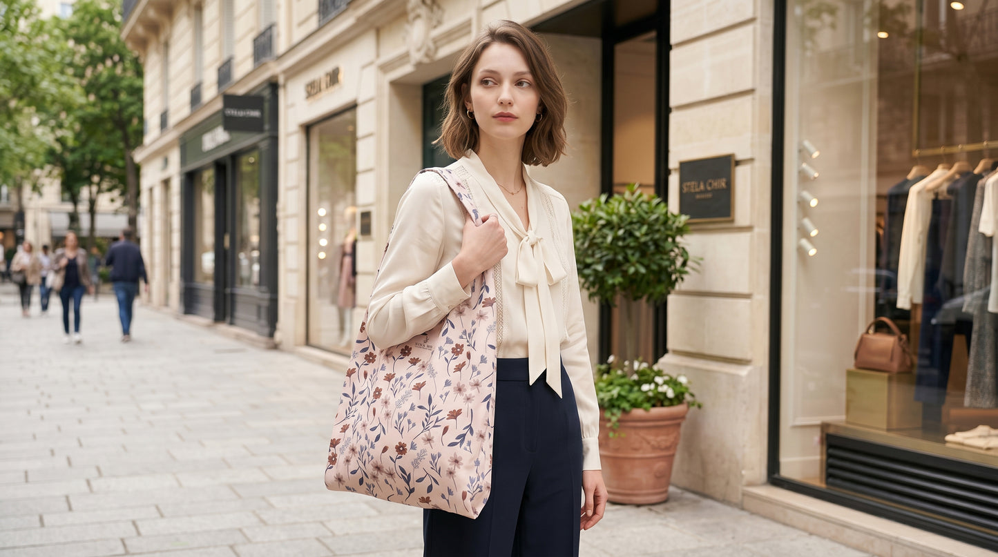 Flower Party Foldable Tote-L-Dark Blue